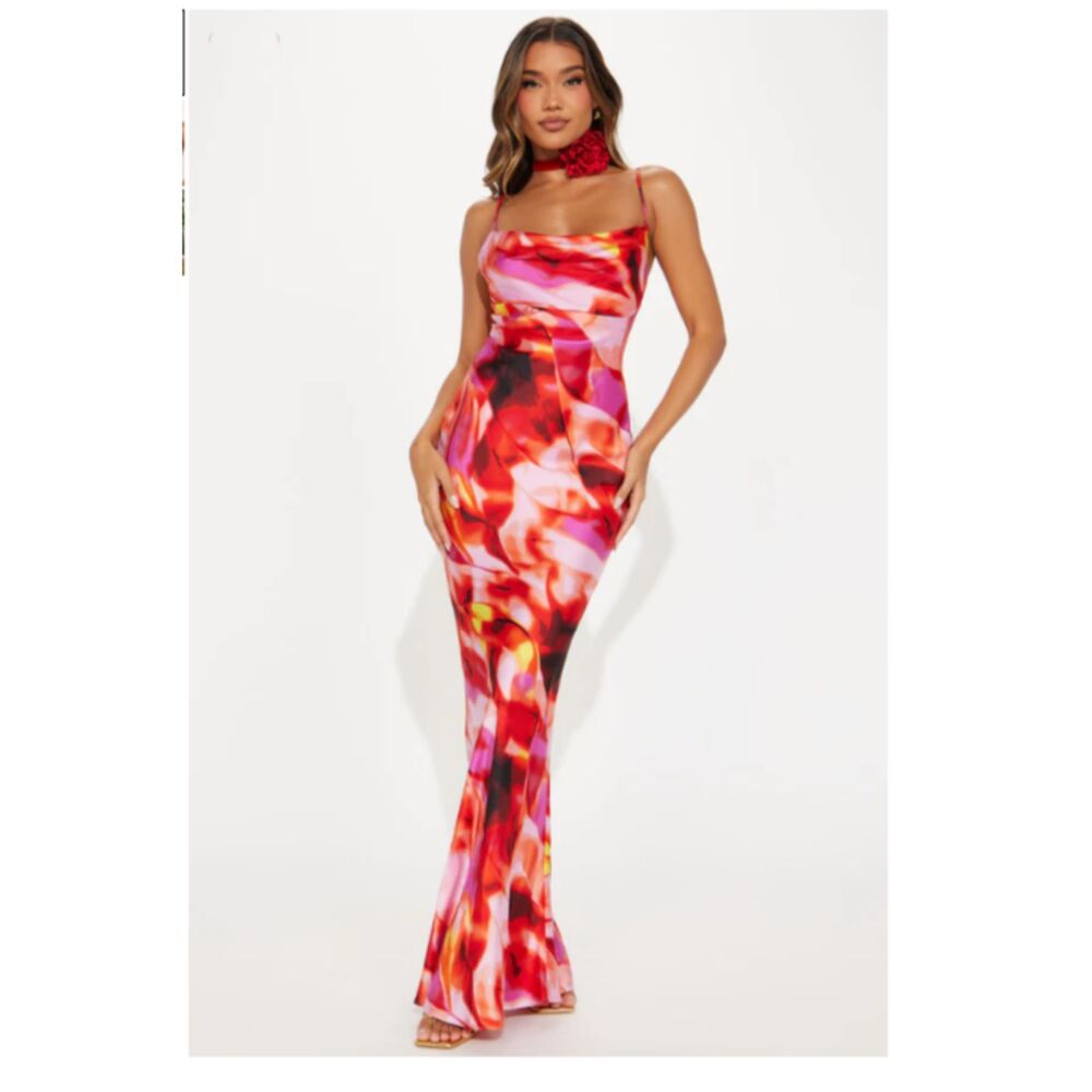 Fashion Nova Juniper Satin Maxi Dress Size S NWT Vibrant Pink Orange Multi Print